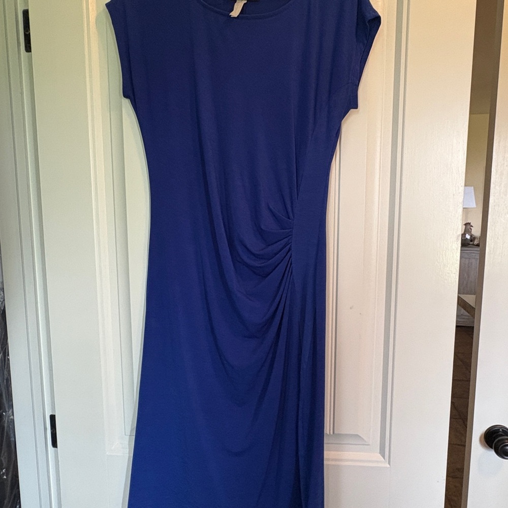 Blue Ruched Midi Sheath Dress with Cap Dolman Sleeves